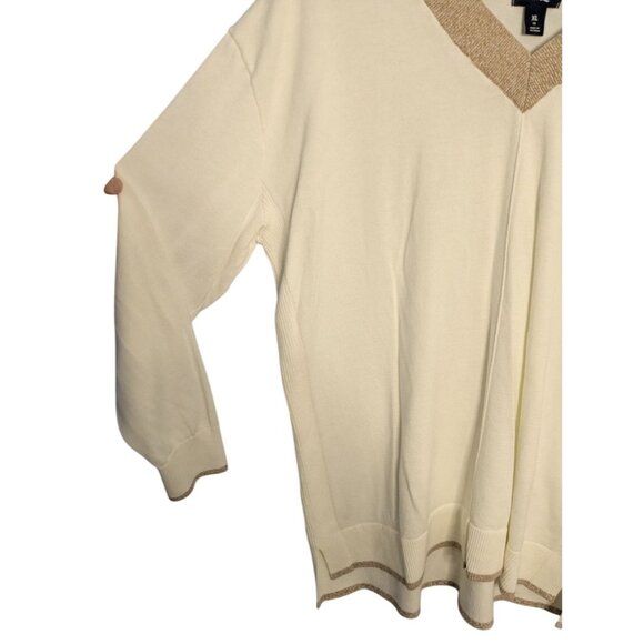 Lands End Womens XL White V-Neck Sweater Tan Ribbed Trim Cotton Academia - Picture 8 of 12